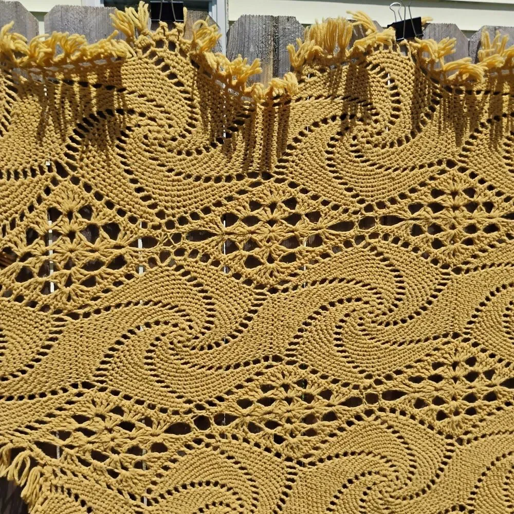 Vintage Mustard Yellow Crochet Afghan Blanket Pinwheel Starburst Fringe 112x65